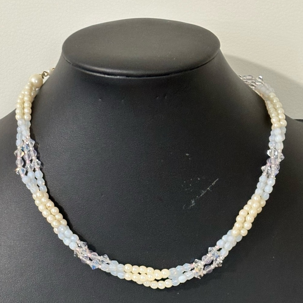 Vintage faux pearl, milk glass and AB rhinestone necklace with extender #262